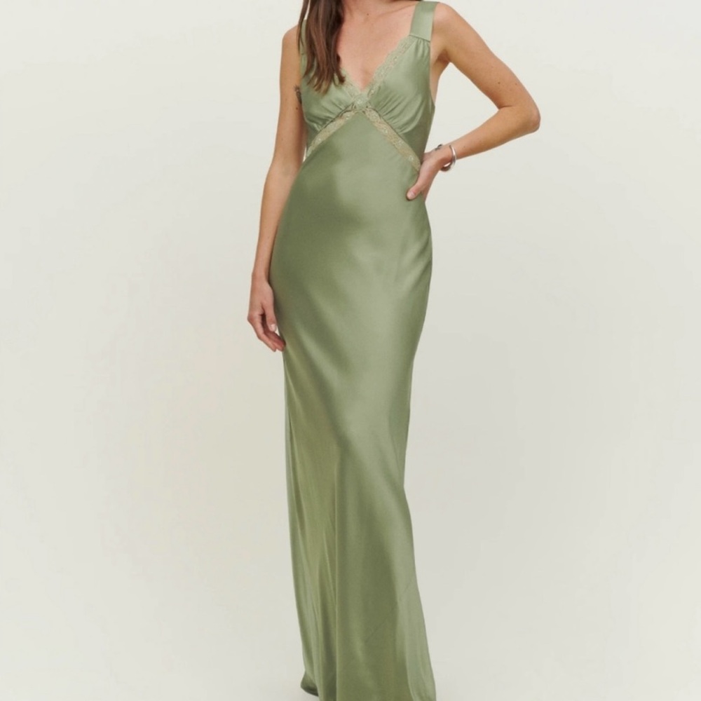 Reformation Chania Silk Dress in Artichoke Green Maxi Sleeveless Lace